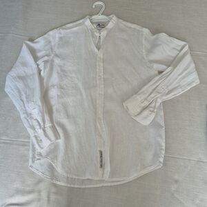 White Linen-Blend Button Down Shirt – Mandarin Collar – Casual Classic Fit